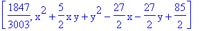 [1847/3003, x^2+5/2*x*y+y^2-27/2*x-27/2*y+85/2]